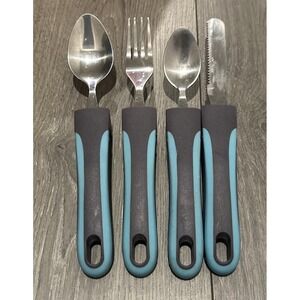 Unbranded Adaptive Utensils 4 Pc Set Spoons Fork Knife Non Slip Handle Teal Gray